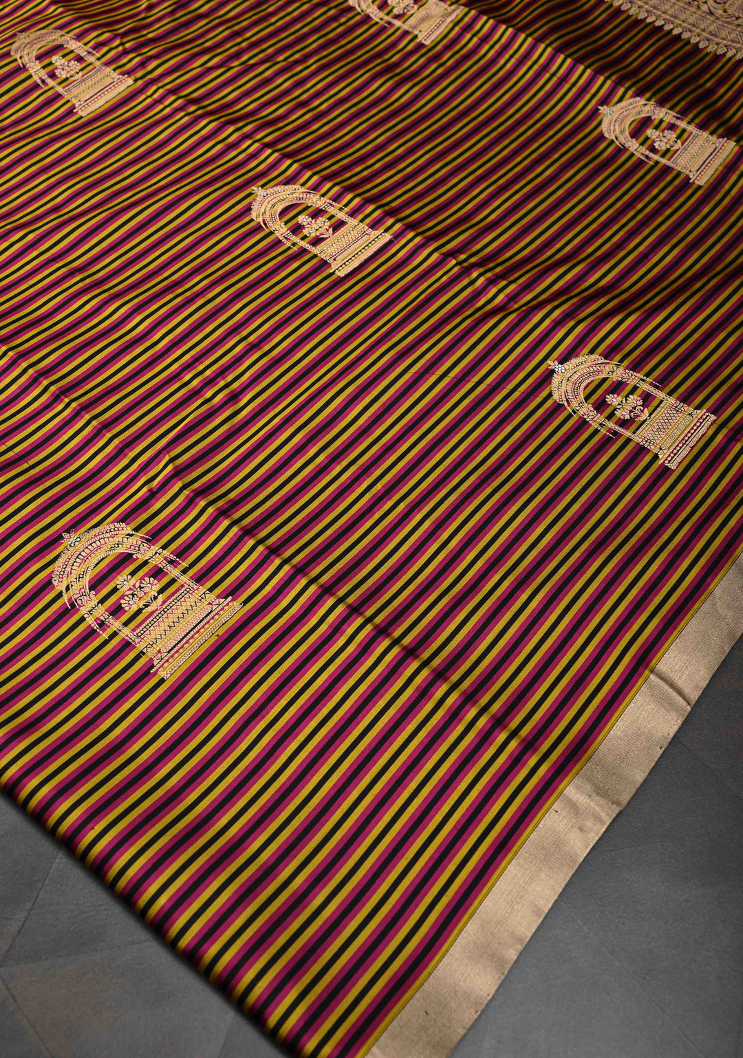 Magent mustard and Black Mashru Silk Saree with Horizontal panel and Domb Zari Butis and Minimal zari Border | SILK MARK CERTIFIED