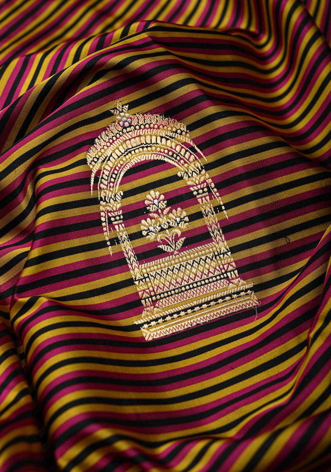 Magent mustard and Black Mashru Silk Saree with Horizontal panel and Domb Zari Butis and Minimal zari Border | SILK MARK CERTIFIED