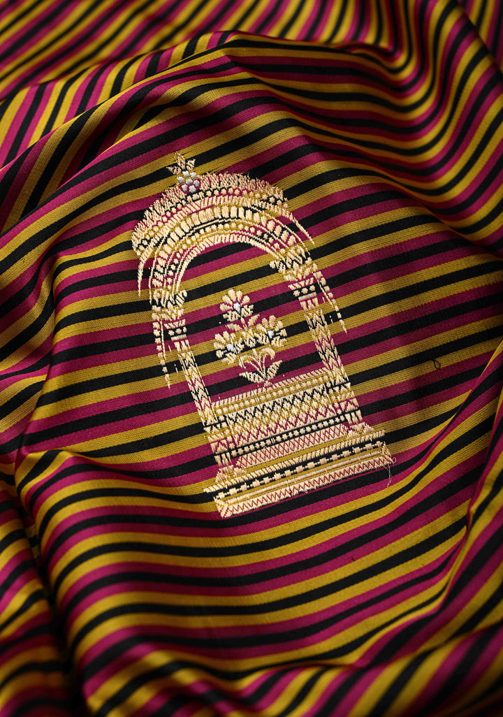 Magent mustard and Black Mashru Silk Saree with Horizontal panel and Domb Zari Butis and Minimal zari Border | SILK MARK CERTIFIED