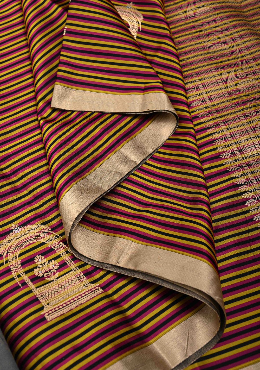 Magent mustard and Black Mashru Silk Saree with Horizontal panel and Domb Zari Butis and Minimal zari Border | SILK MARK CERTIFIED