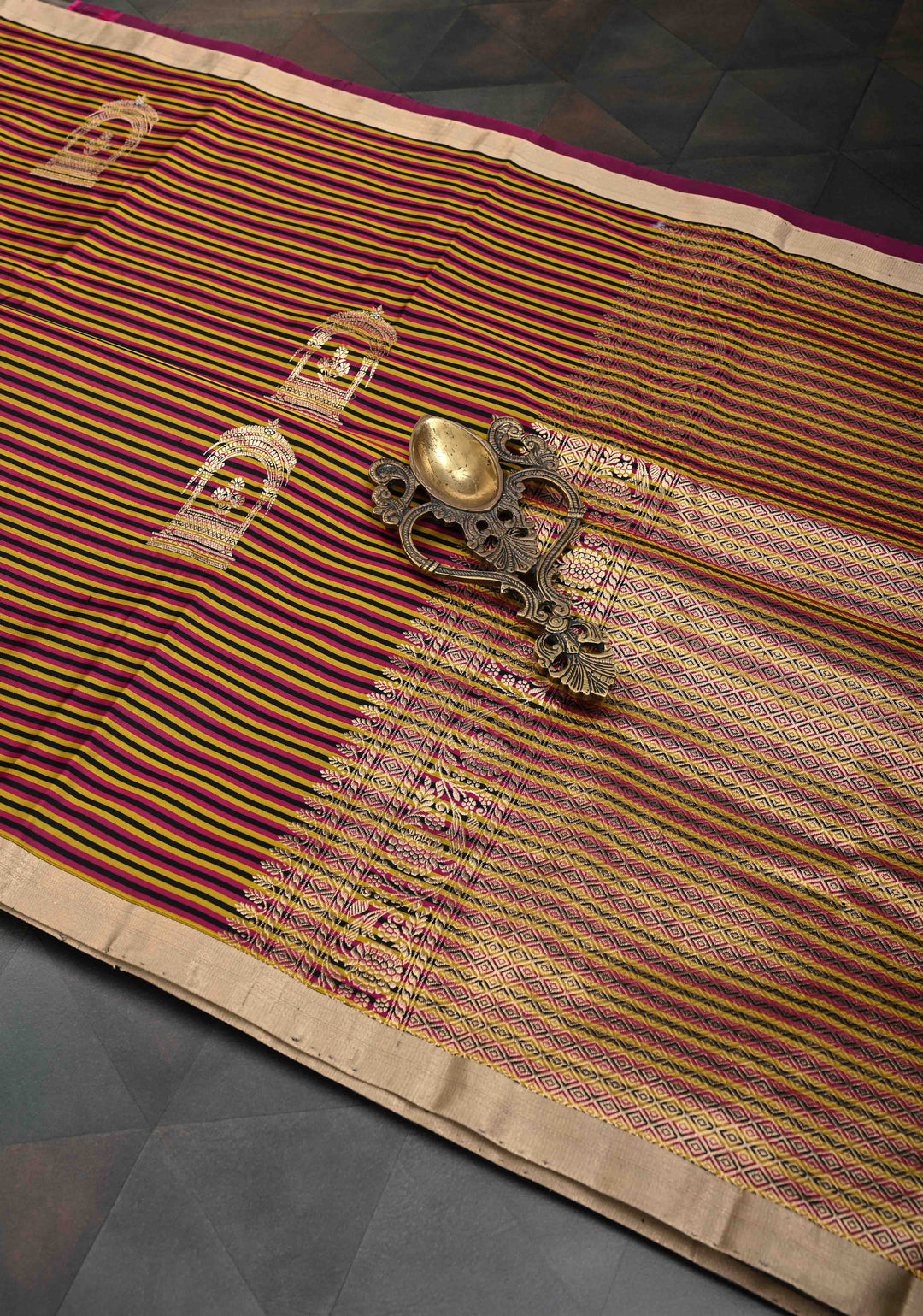 Magent mustard and Black Mashru Silk Saree with Horizontal panel and Domb Zari Butis and Minimal zari Border | SILK MARK CERTIFIED