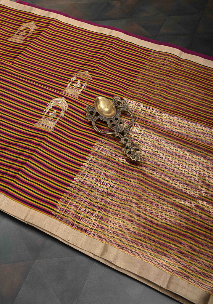 Magent mustard and Black Mashru Silk Saree with Horizontal panel and Domb Zari Butis and Minimal zari Border | SILK MARK CERTIFIED