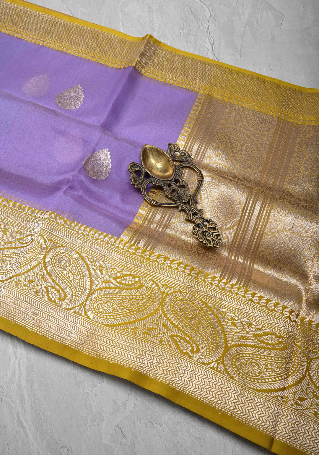 Lilac Pure Banarasi Kora Silk Saree with Zari Buttas and Contrast Paisley Border | SILK MARK CERTIFIED