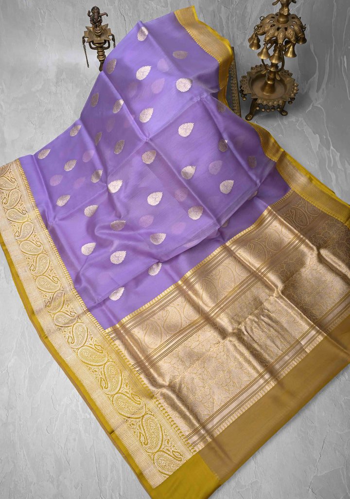 Lilac Pure Banarasi Kora Silk Saree with Zari Buttas and Contrast Paisley Border | SILK MARK CERTIFIED