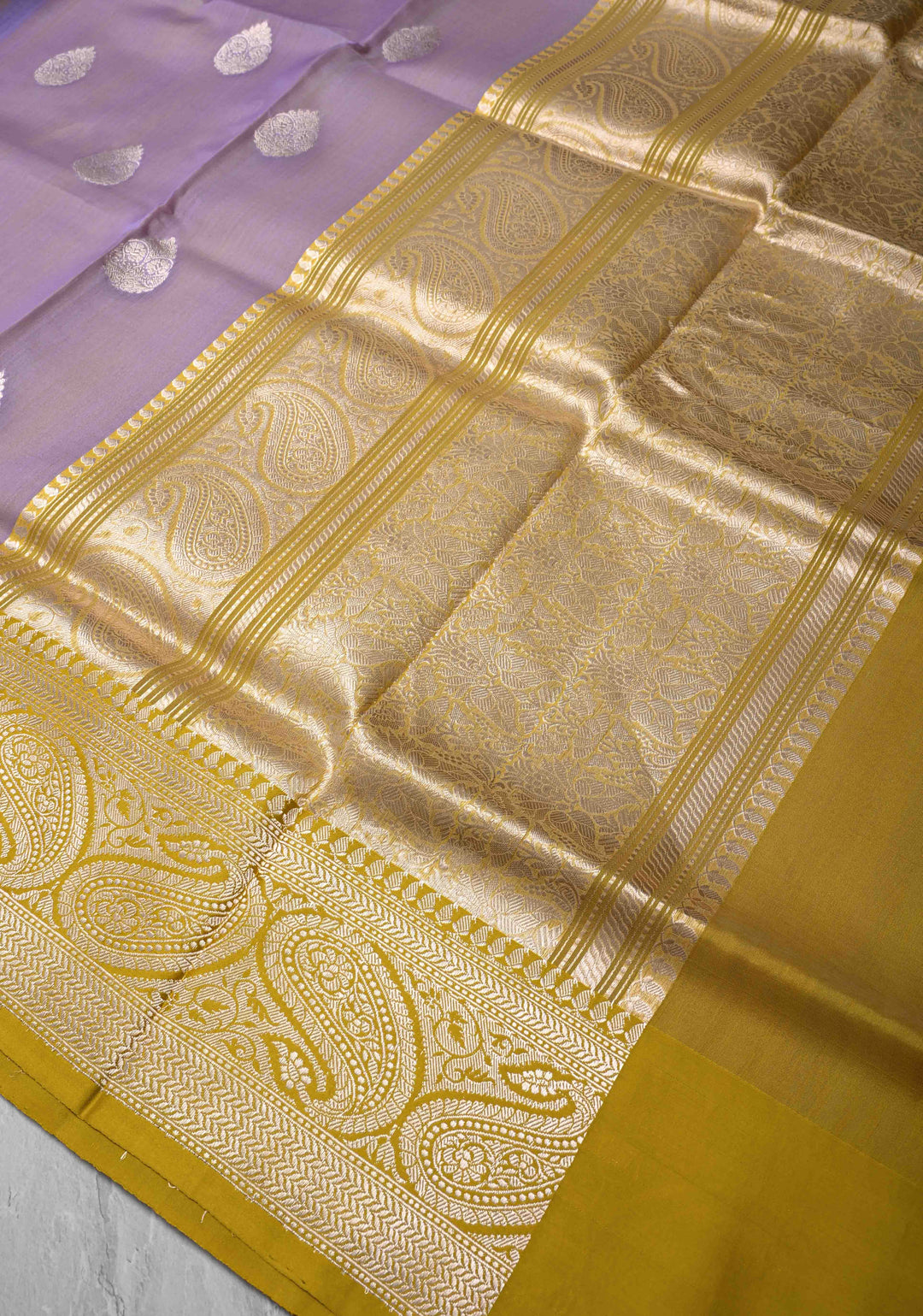Lilac Pure Banarasi Kora Silk Saree with Zari Buttas and Contrast Paisley Border | SILK MARK CERTIFIED
