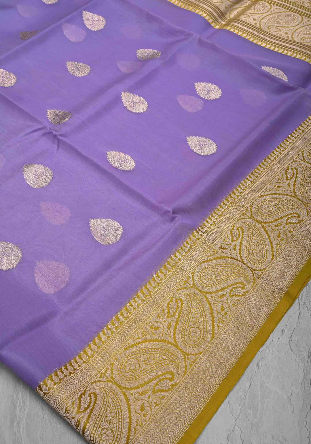Lilac Pure Banarasi Kora Silk Saree with Zari Buttas and Contrast Paisley Border | SILK MARK CERTIFIED