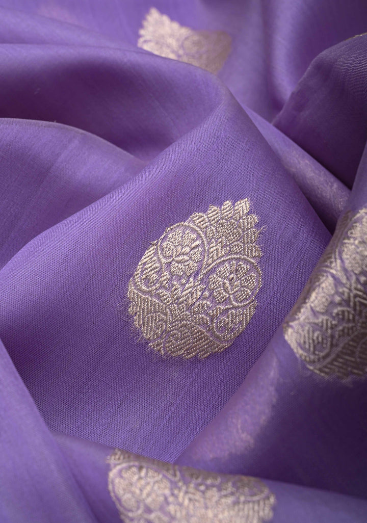 Lilac Pure Banarasi Kora Silk Saree with Zari Buttas and Contrast Paisley Border | SILK MARK CERTIFIED