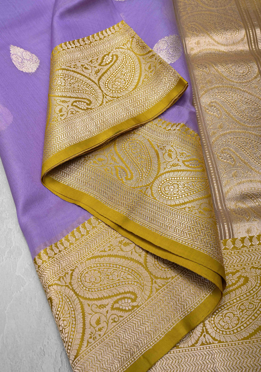 Lilac Pure Banarasi Kora Silk Saree with Zari Buttas and Contrast Paisley Border | SILK MARK CERTIFIED