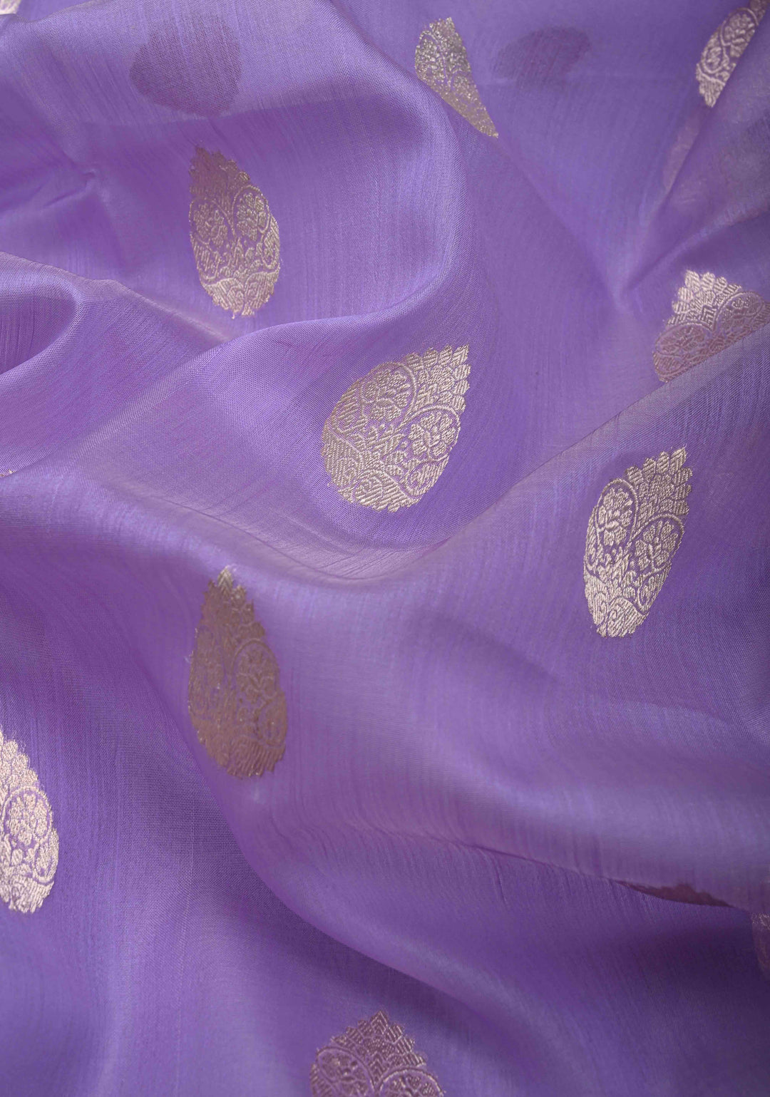 Lilac Pure Banarasi Kora Silk Saree with Zari Buttas and Contrast Paisley Border | SILK MARK CERTIFIED
