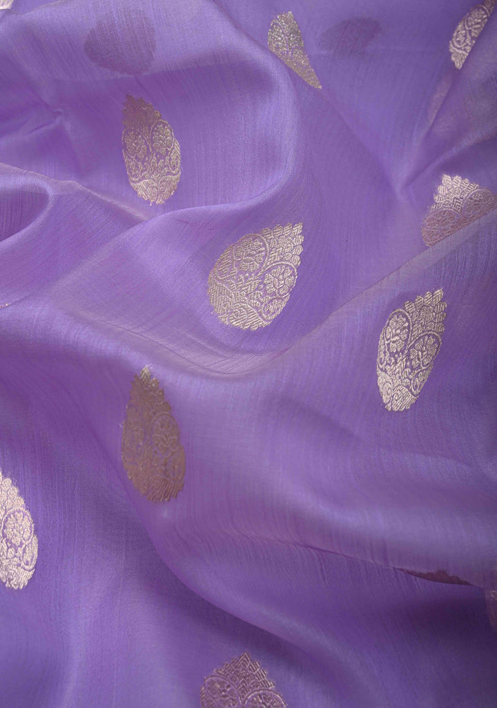Lilac Pure Banarasi Kora Silk Saree with Zari Buttas and Contrast Paisley Border | SILK MARK CERTIFIED