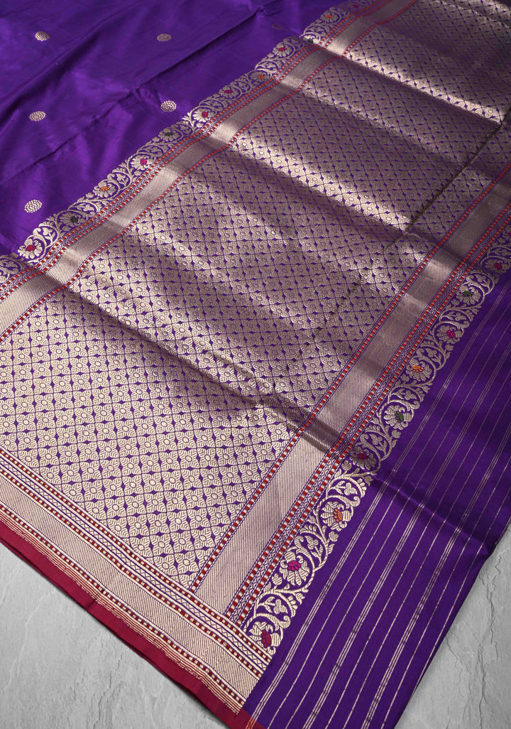 Purple Banarasi Pure Katan Silk Saree with Zari Butta and Meenakari Distinct Motifs on Border | SILK MARK CERTIFIED