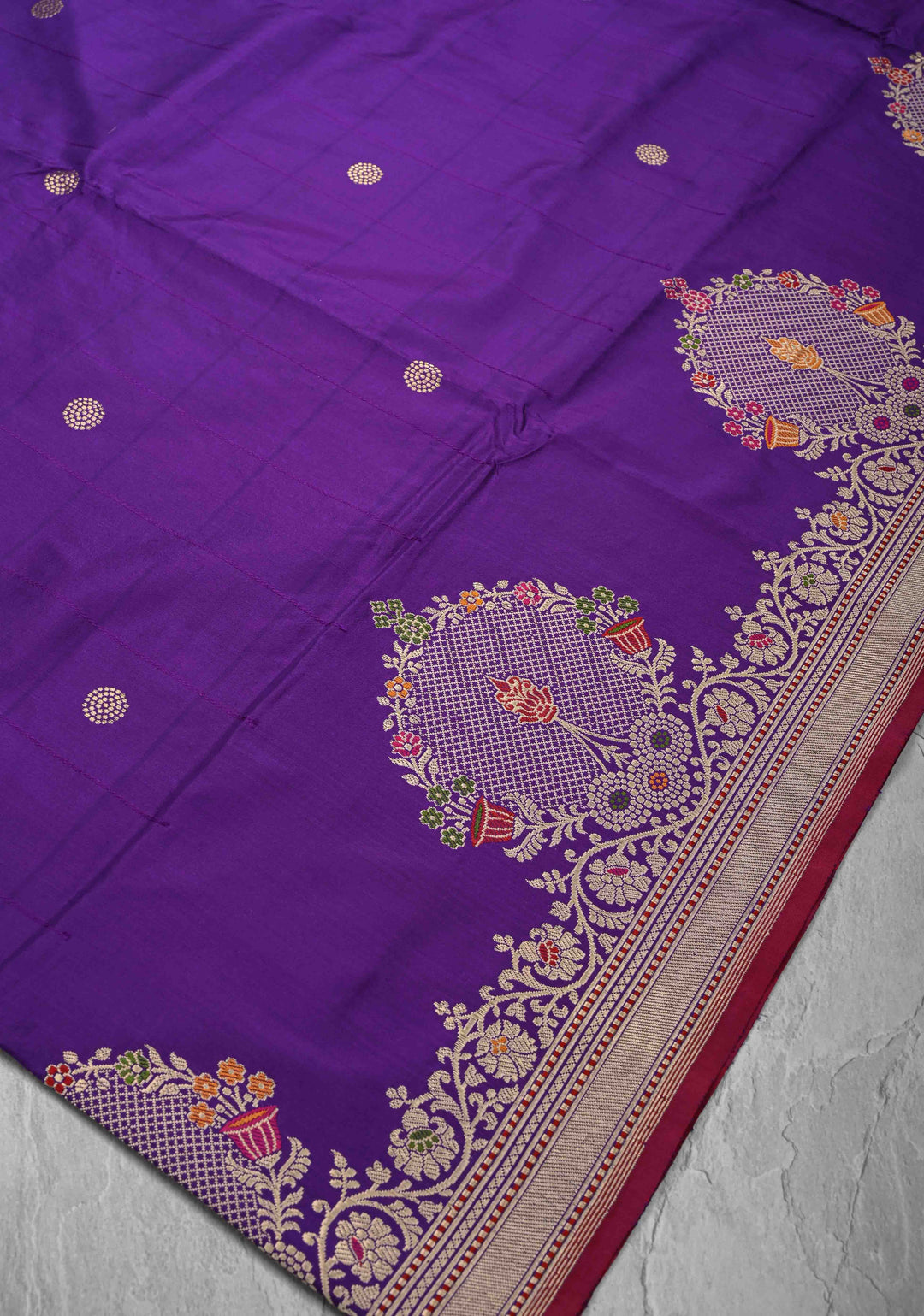 Purple Banarasi Pure Katan Silk Saree with Zari Butta and Meenakari Distinct Motifs on Border | SILK MARK CERTIFIED