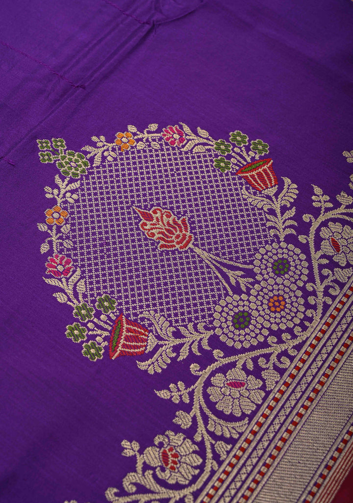 Purple Banarasi Pure Katan Silk Saree with Zari Butta and Meenakari Distinct Motifs on Border | SILK MARK CERTIFIED