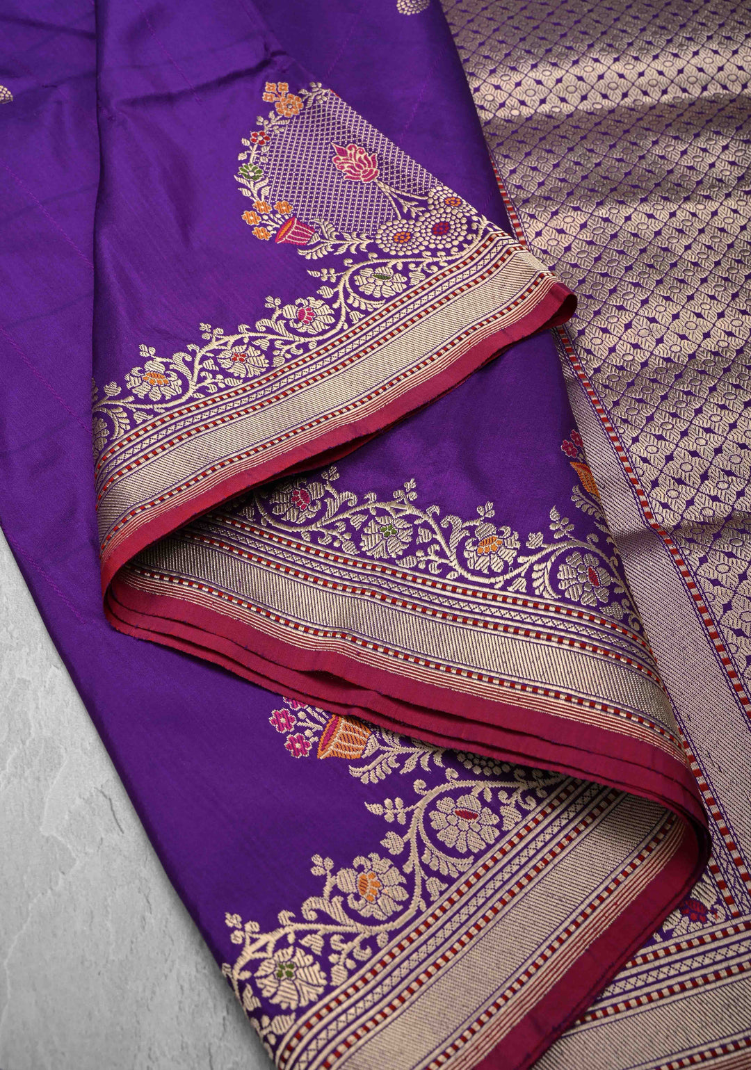 Purple Banarasi Pure Katan Silk Saree with Zari Butta and Meenakari Distinct Motifs on Border | SILK MARK CERTIFIED