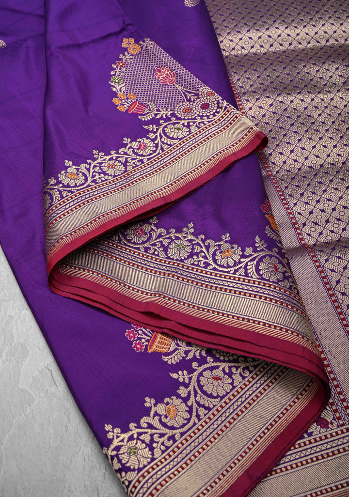 Purple Banarasi Pure Katan Silk Saree with Zari Butta and Meenakari Distinct Motifs on Border | SILK MARK CERTIFIED