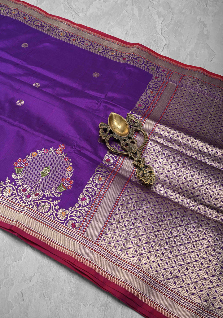 Purple Banarasi Pure Katan Silk Saree with Zari Butta and Meenakari Distinct Motifs on Border | SILK MARK CERTIFIED