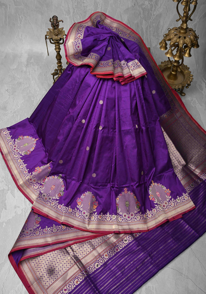 Purple Banarasi Pure Katan Silk Saree with Zari Butta and Meenakari Distinct Motifs on Border | SILK MARK CERTIFIED