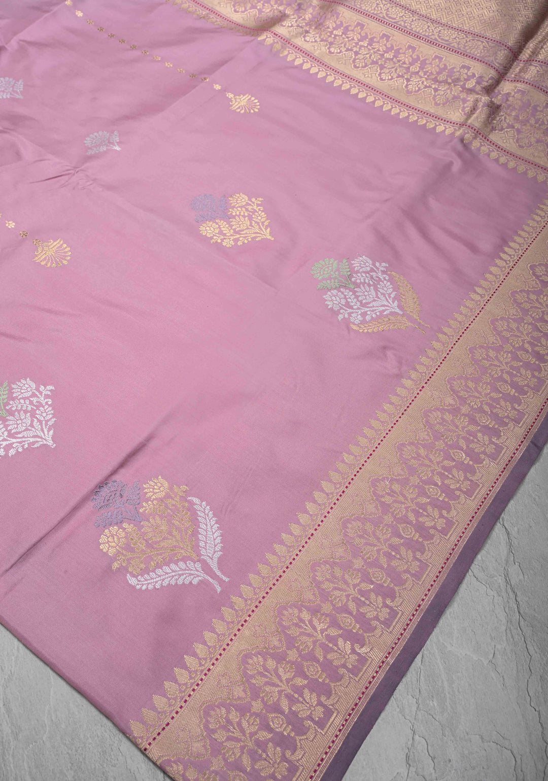 Faded Pink Banarasi Pure Katan Silk Saree with Meenakari Floral Butta and Zari Border | SILK MARK CERTIFIED