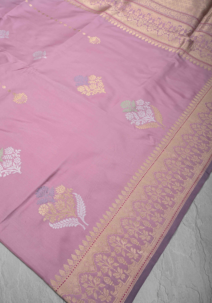 Faded Pink Banarasi Pure Katan Silk Saree with Meenakari Floral Butta and Zari Border | SILK MARK CERTIFIED