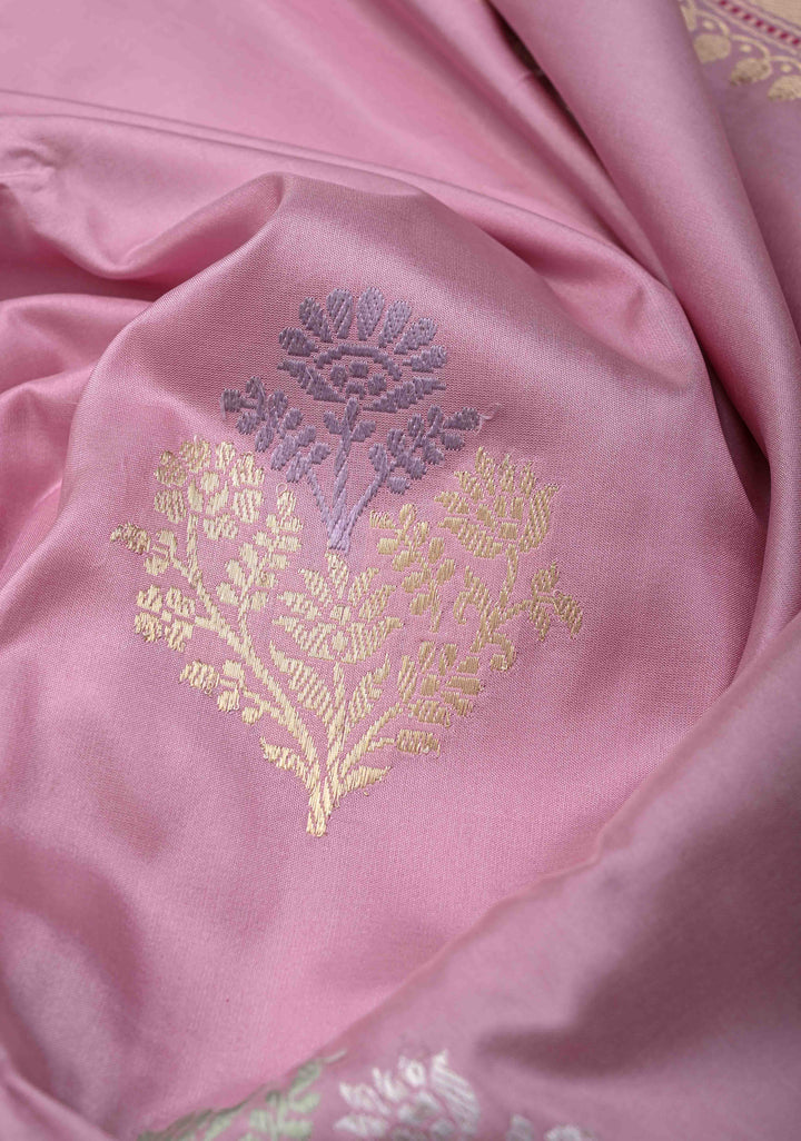 Faded Pink Banarasi Pure Katan Silk Saree with Meenakari Floral Butta and Zari Border | SILK MARK CERTIFIED