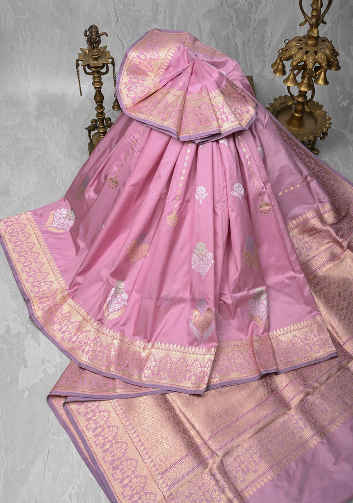 Faded Pink Banarasi Pure Katan Silk Saree with Meenakari Floral Butta and Zari Border | SILK MARK CERTIFIED