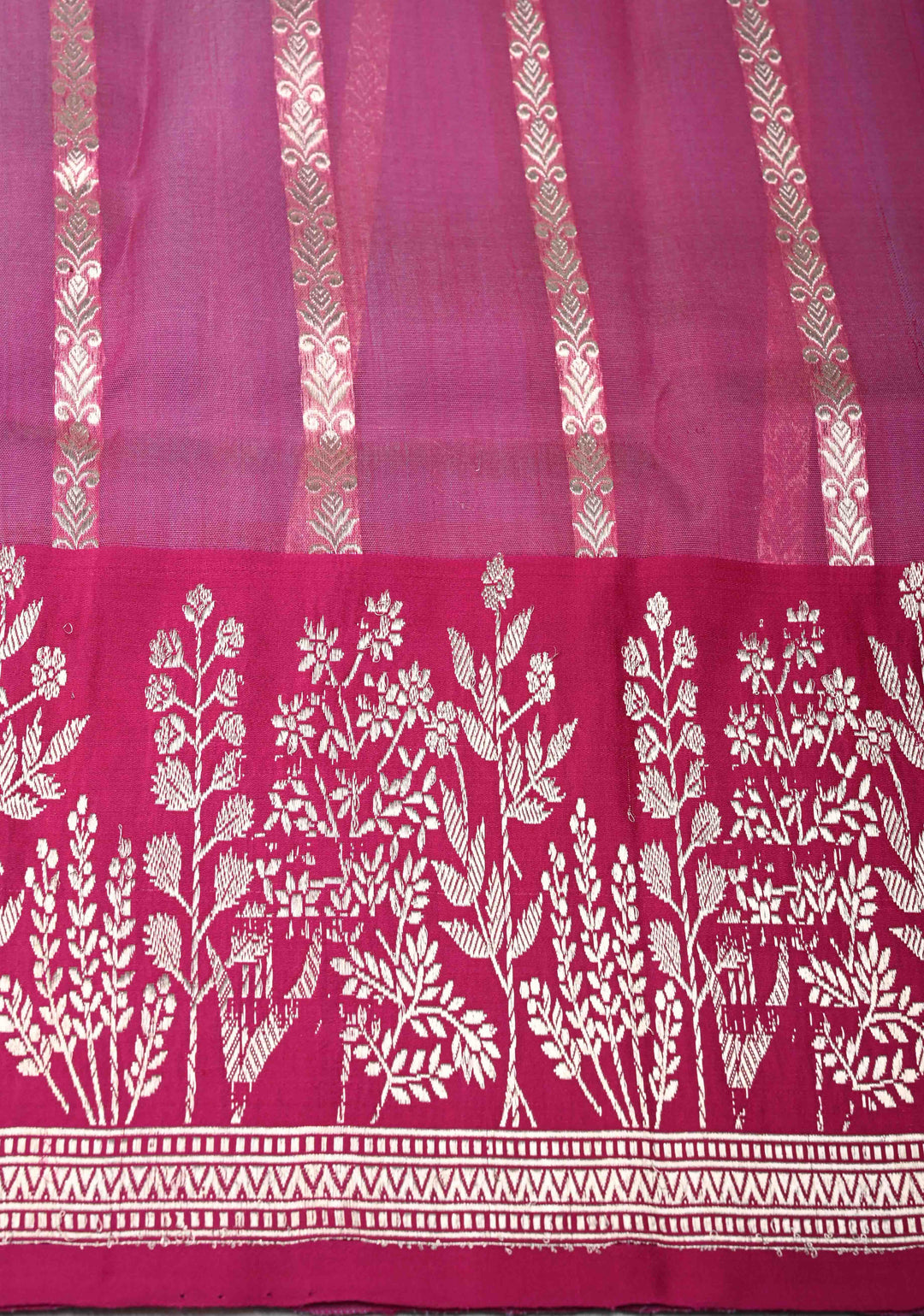 Lavender Pure Banarasi Kora Silk Saree with Vertical Ornate Stripes and Contrast Floral Zari Border | SILK MARK CERTIFIED
