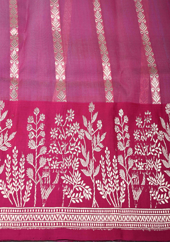 Lavender Pure Banarasi Kora Silk Saree with Vertical Ornate Stripes and Contrast Floral Zari Border | SILK MARK CERTIFIED