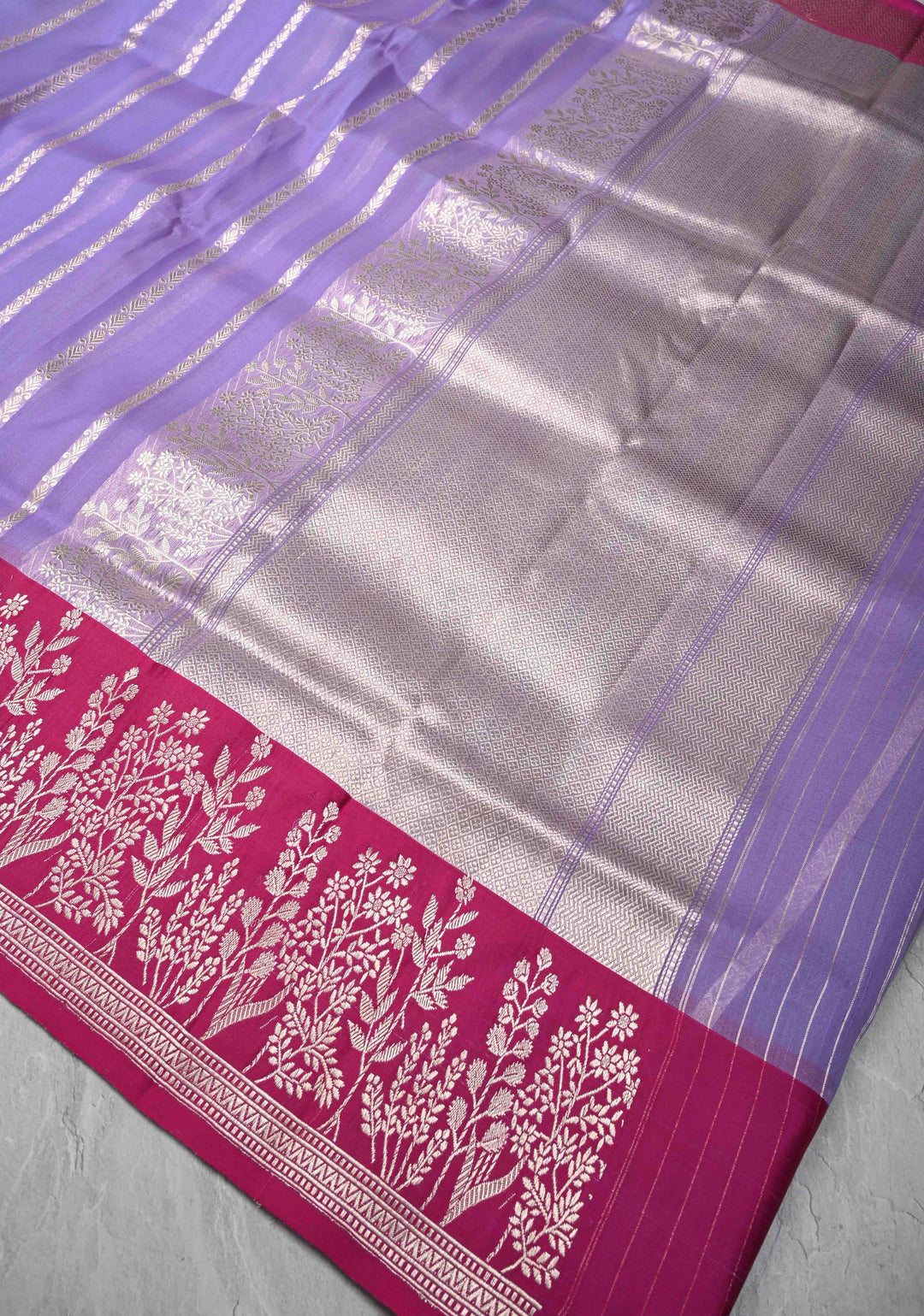 Lavender Pure Banarasi Kora Silk Saree with Vertical Ornate Stripes and Contrast Floral Zari Border | SILK MARK CERTIFIED