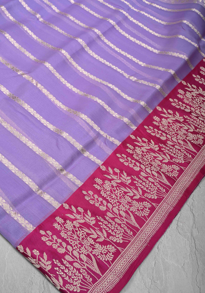 Lavender Pure Banarasi Kora Silk Saree with Vertical Ornate Stripes and Contrast Floral Zari Border | SILK MARK CERTIFIED