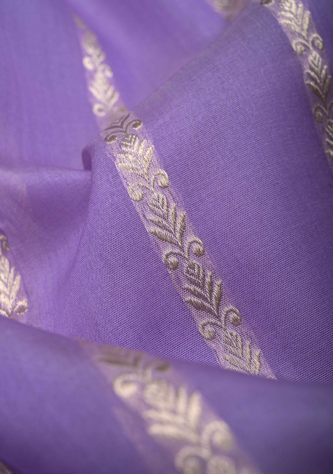 Lavender Pure Banarasi Kora Silk Saree with Vertical Ornate Stripes and Contrast Floral Zari Border | SILK MARK CERTIFIED