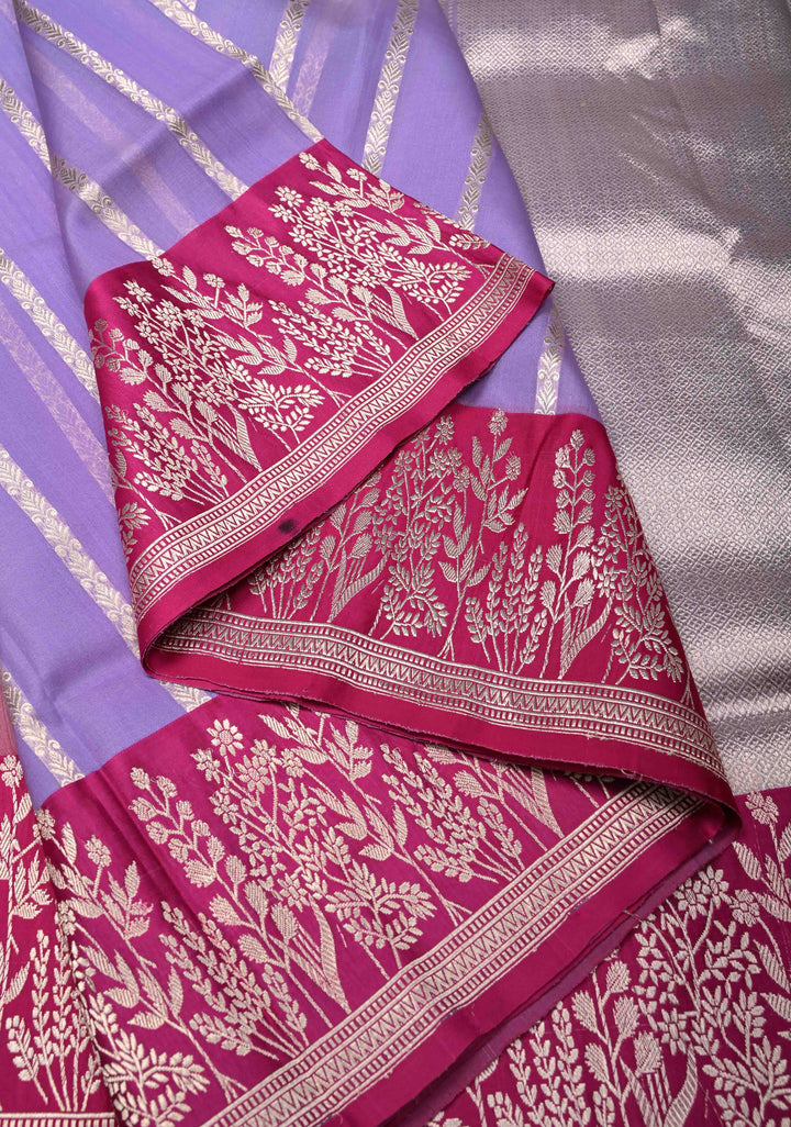 Lavender Pure Banarasi Kora Silk Saree with Vertical Ornate Stripes and Contrast Floral Zari Border | SILK MARK CERTIFIED