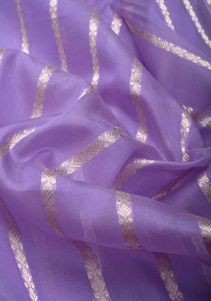 Lavender Pure Banarasi Kora Silk Saree with Vertical Ornate Stripes and Contrast Floral Zari Border | SILK MARK CERTIFIED