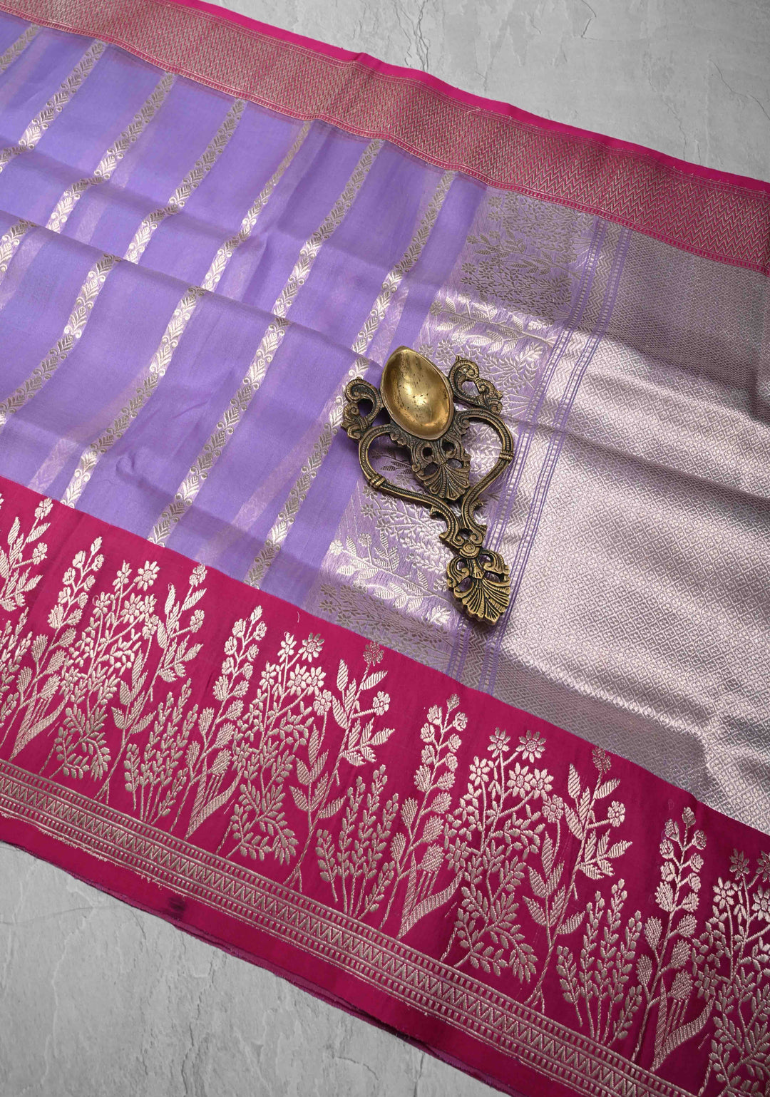 Lavender Pure Banarasi Kora Silk Saree with Vertical Ornate Stripes and Contrast Floral Zari Border | SILK MARK CERTIFIED