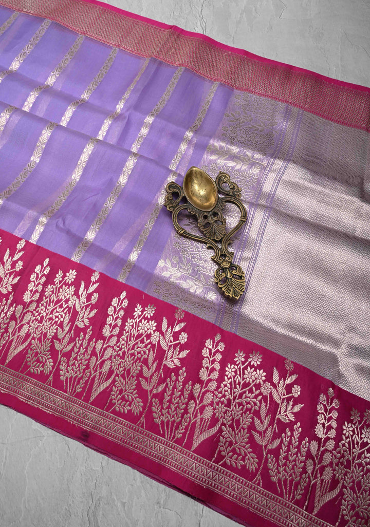Lavender Pure Banarasi Kora Silk Saree with Vertical Ornate Stripes and Contrast Floral Zari Border | SILK MARK CERTIFIED