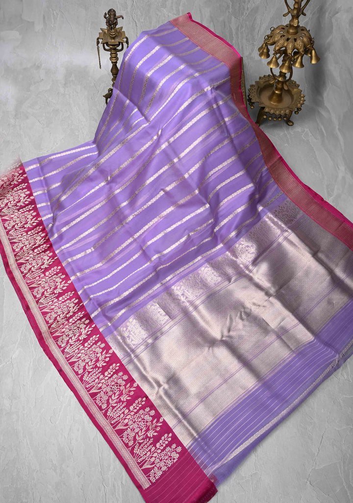 Lavender Pure Banarasi Kora Silk Saree with Vertical Ornate Stripes and Contrast Floral Zari Border | SILK MARK CERTIFIED