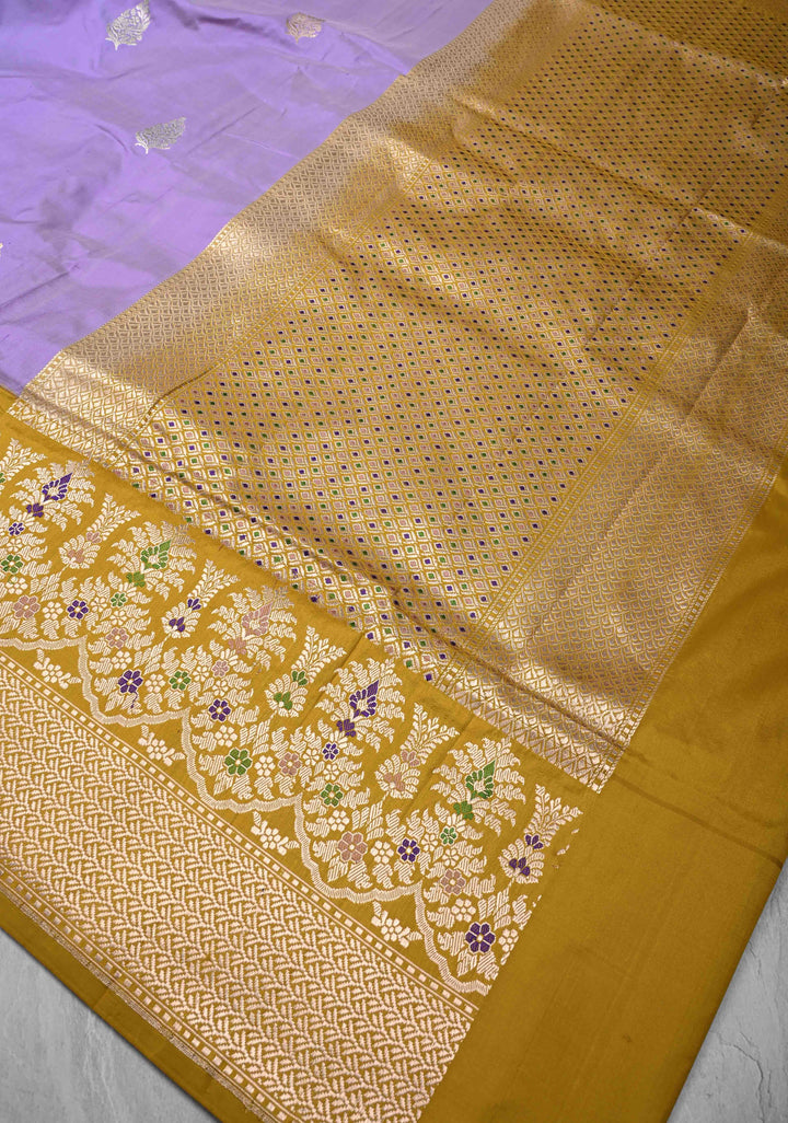Lavender Banarasi Pure Katan Silk Saree with Sona Rupa Buttas and Meenakari Zari Border | SILK MARK CERTIFIED