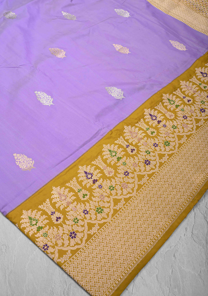 Lavender Banarasi Pure Katan Silk Saree with Sona Rupa Buttas and Meenakari Zari Border | SILK MARK CERTIFIED