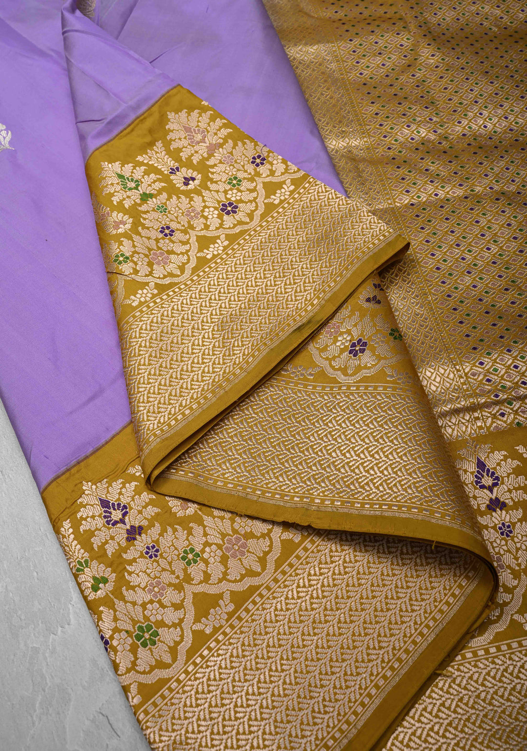 Lavender Banarasi Pure Katan Silk Saree with Sona Rupa Buttas and Meenakari Zari Border | SILK MARK CERTIFIED