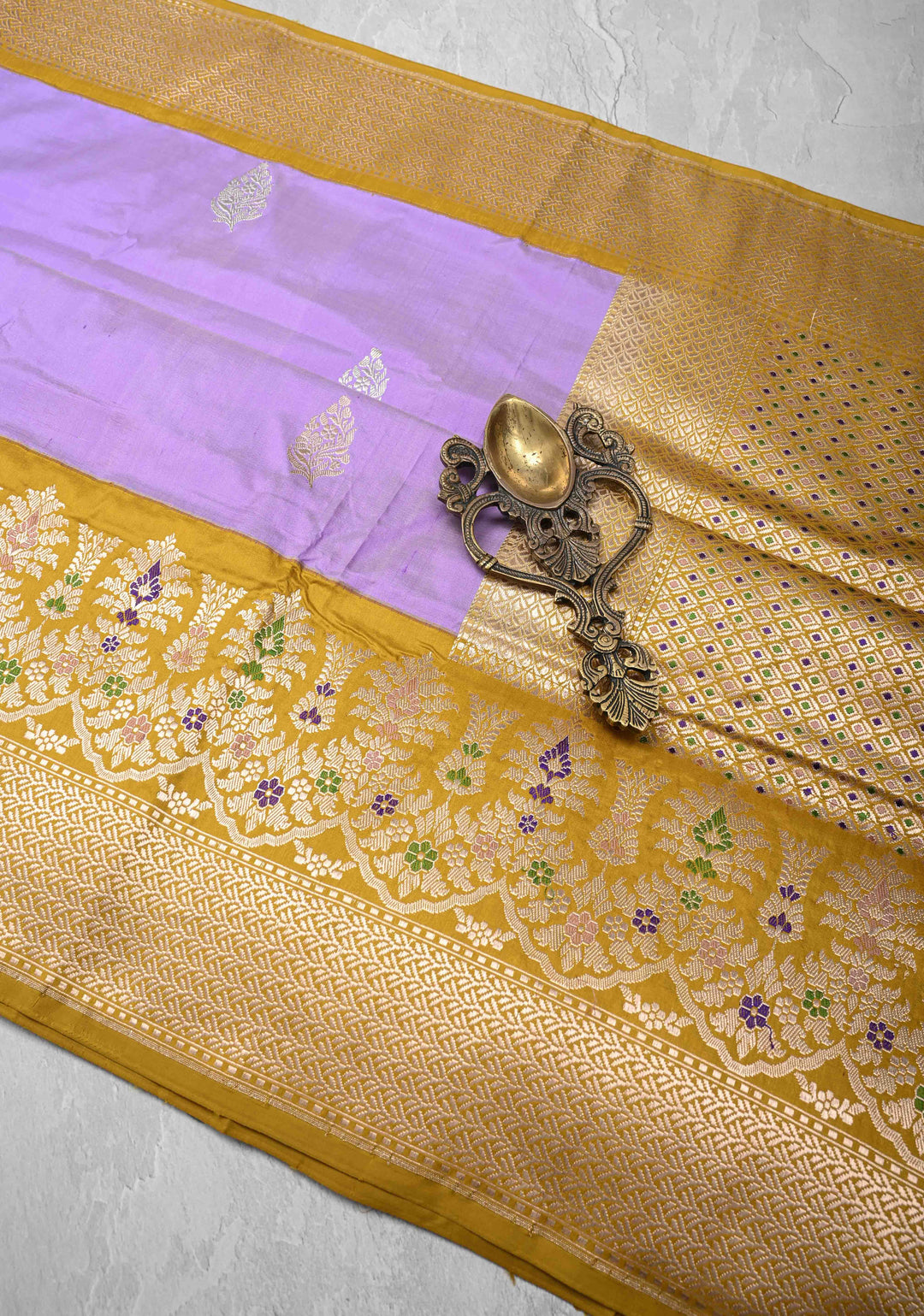 Lavender Banarasi Pure Katan Silk Saree with Sona Rupa Buttas and Meenakari Zari Border | SILK MARK CERTIFIED
