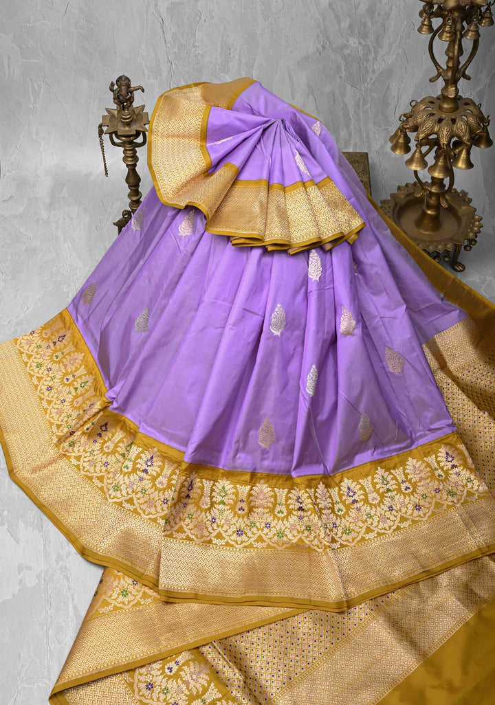 Lavender Banarasi Pure Katan Silk Saree with Sona Rupa Buttas and Meenakari Zari Border | SILK MARK CERTIFIED