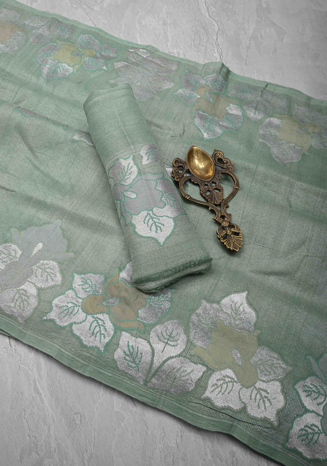Exquisite Sage Green Banarasi Tussar Georgette Saree with Brush Dye Floral Buttas and Border | SILK MARK CERTIFIED