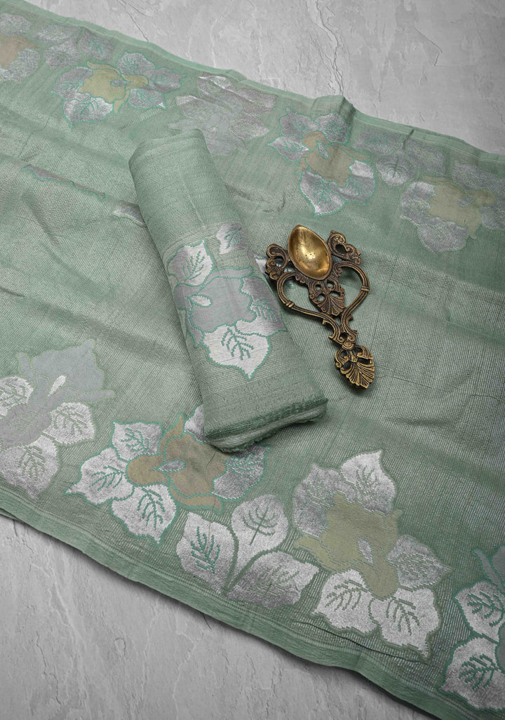 Exquisite Sage Green Banarasi Tussar Georgette Saree with Brush Dye Floral Buttas and Border | SILK MARK CERTIFIED