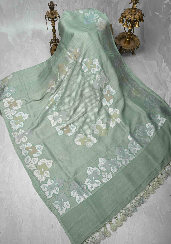 Exquisite Sage Green Banarasi Tussar Georgette Saree with Brush Dye Floral Buttas and Border | SILK MARK CERTIFIED
