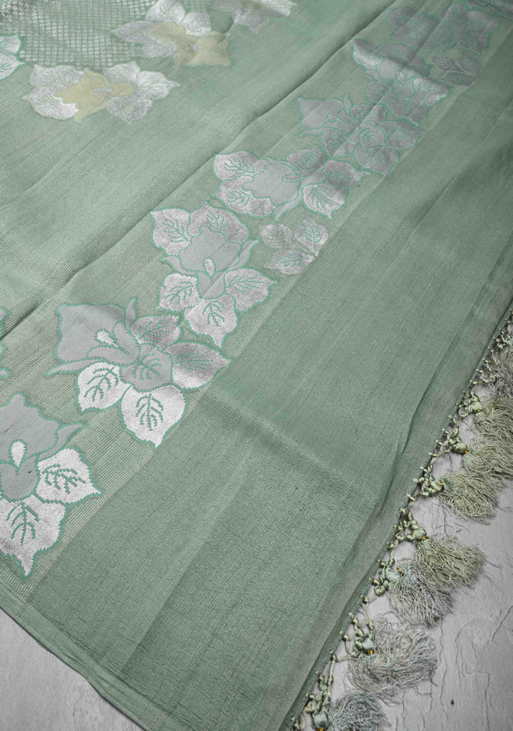 Exquisite Sage Green Banarasi Tussar Georgette Saree with Brush Dye Floral Buttas and Border | SILK MARK CERTIFIED