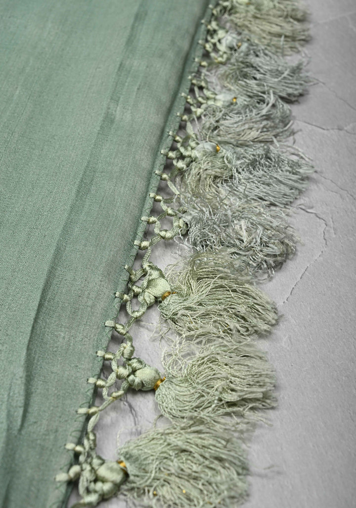 Exquisite Sage Green Banarasi Tussar Georgette Saree with Brush Dye Floral Buttas and Border | SILK MARK CERTIFIED