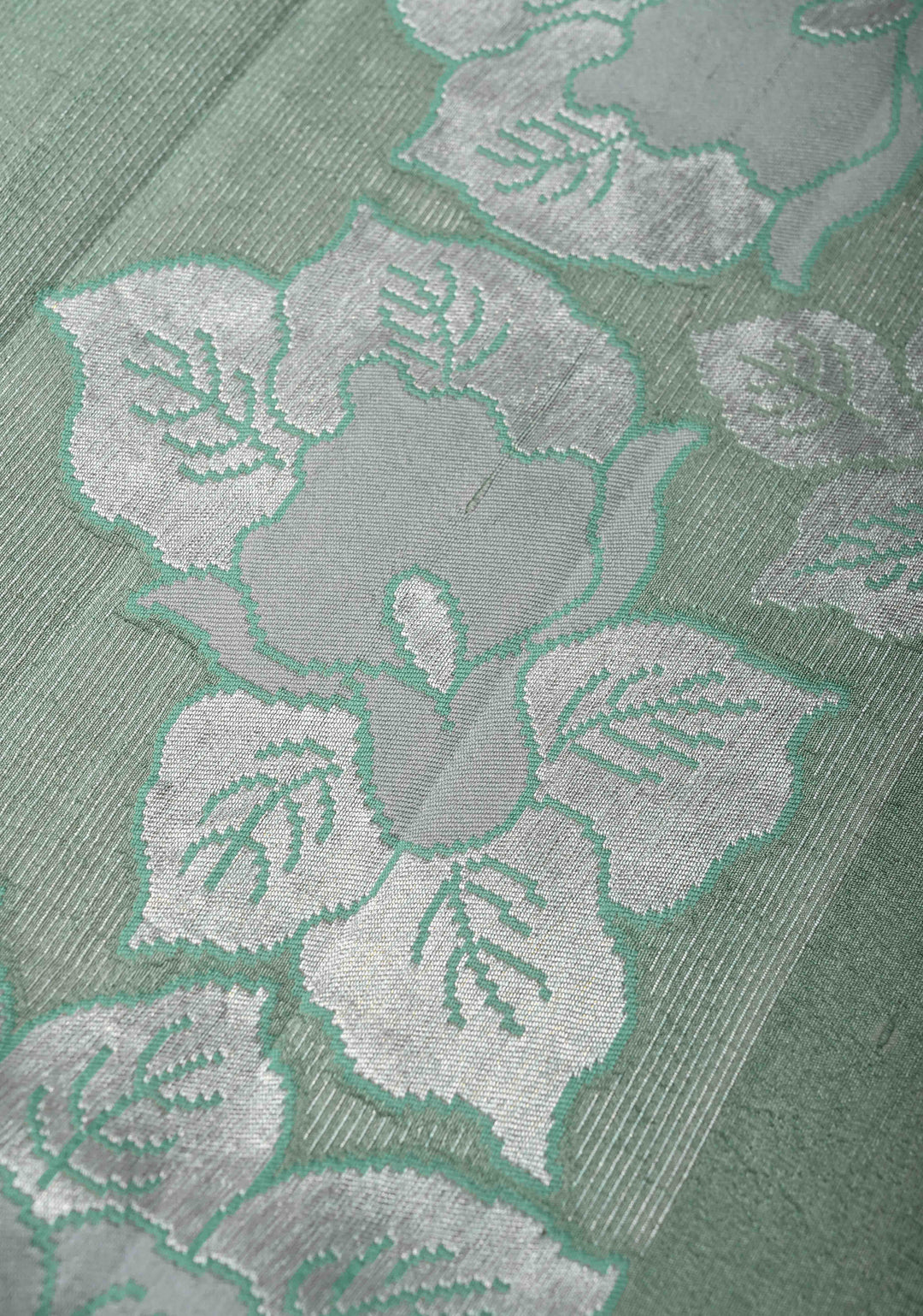 Exquisite Sage Green Banarasi Tussar Georgette Saree with Brush Dye Floral Buttas and Border | SILK MARK CERTIFIED