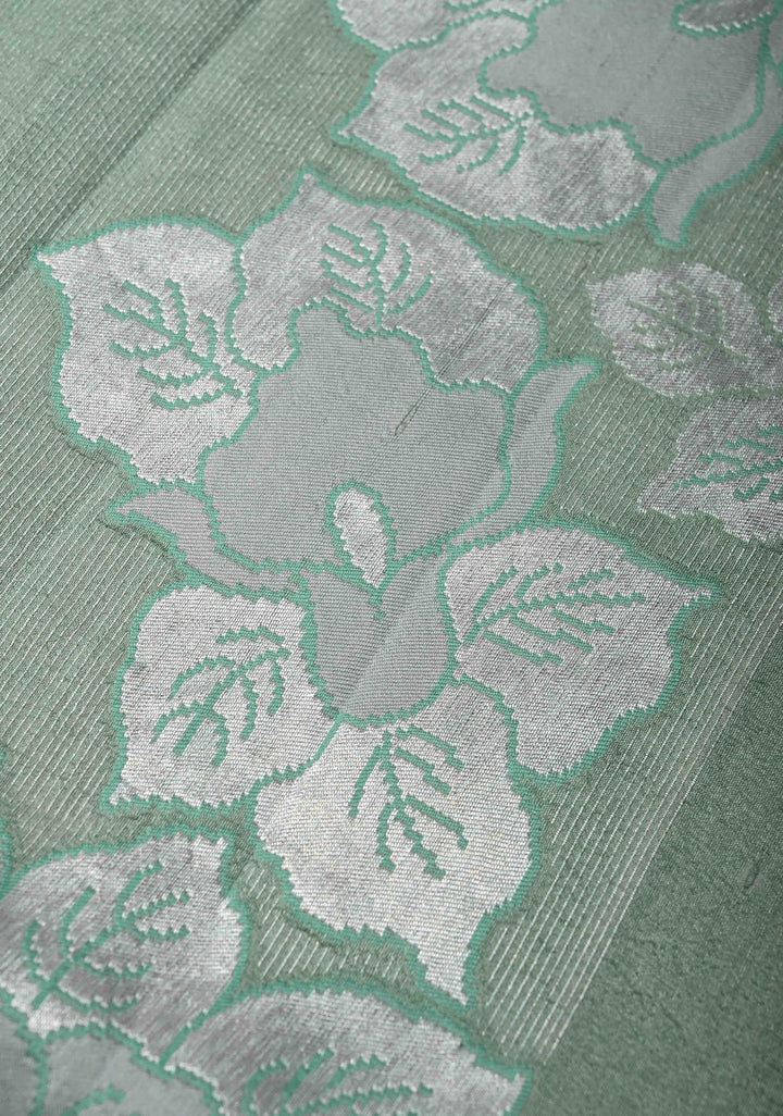 Exquisite Sage Green Banarasi Tussar Georgette Saree with Brush Dye Floral Buttas and Border | SILK MARK CERTIFIED