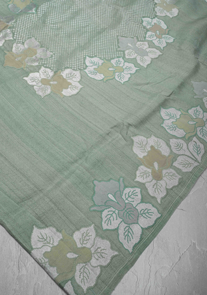 Exquisite Sage Green Banarasi Tussar Georgette Saree with Brush Dye Floral Buttas and Border | SILK MARK CERTIFIED
