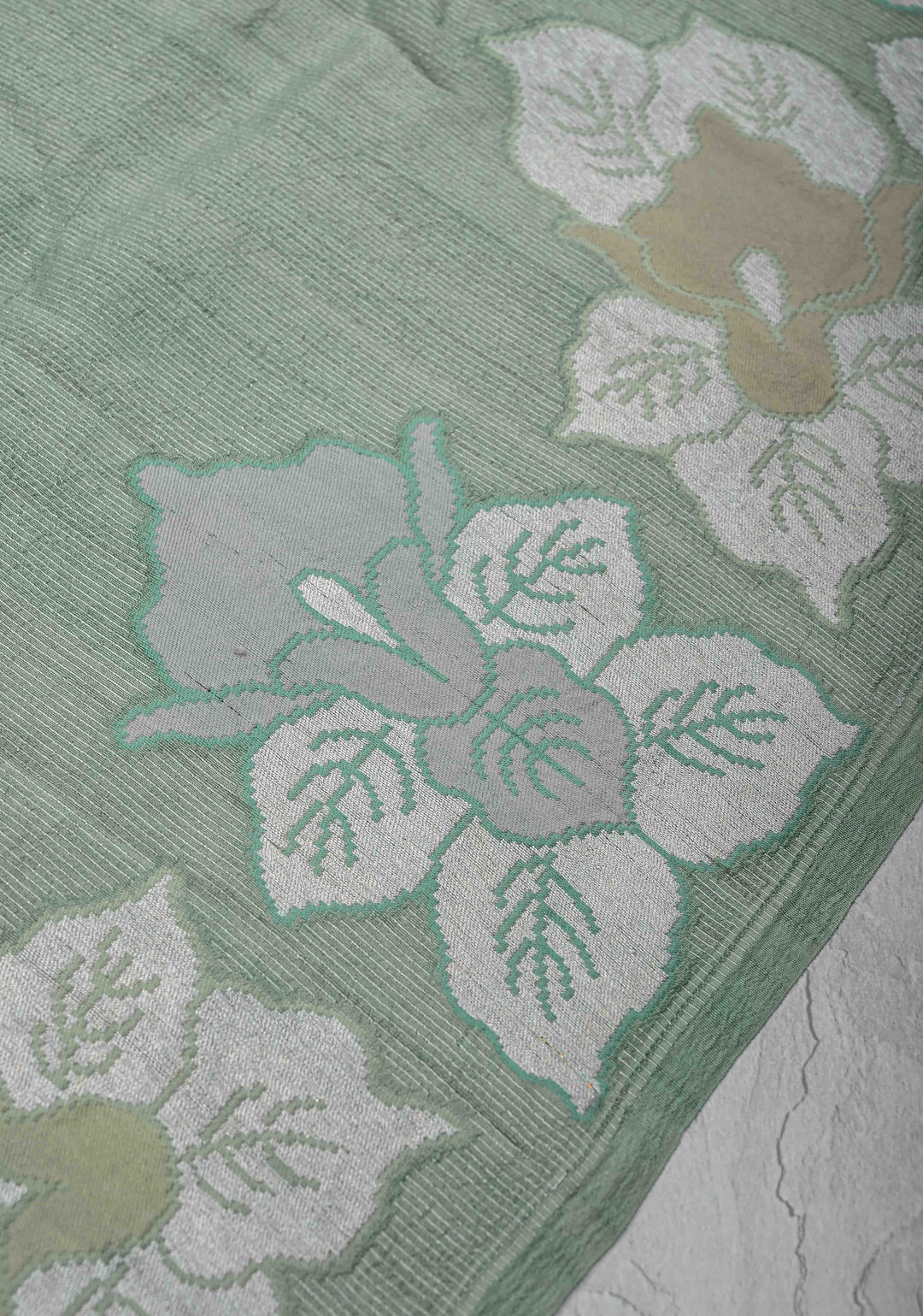Exquisite Sage Green Banarasi Tussar Georgette Saree with Brush Dye Floral Buttas and Border | SILK MARK CERTIFIED