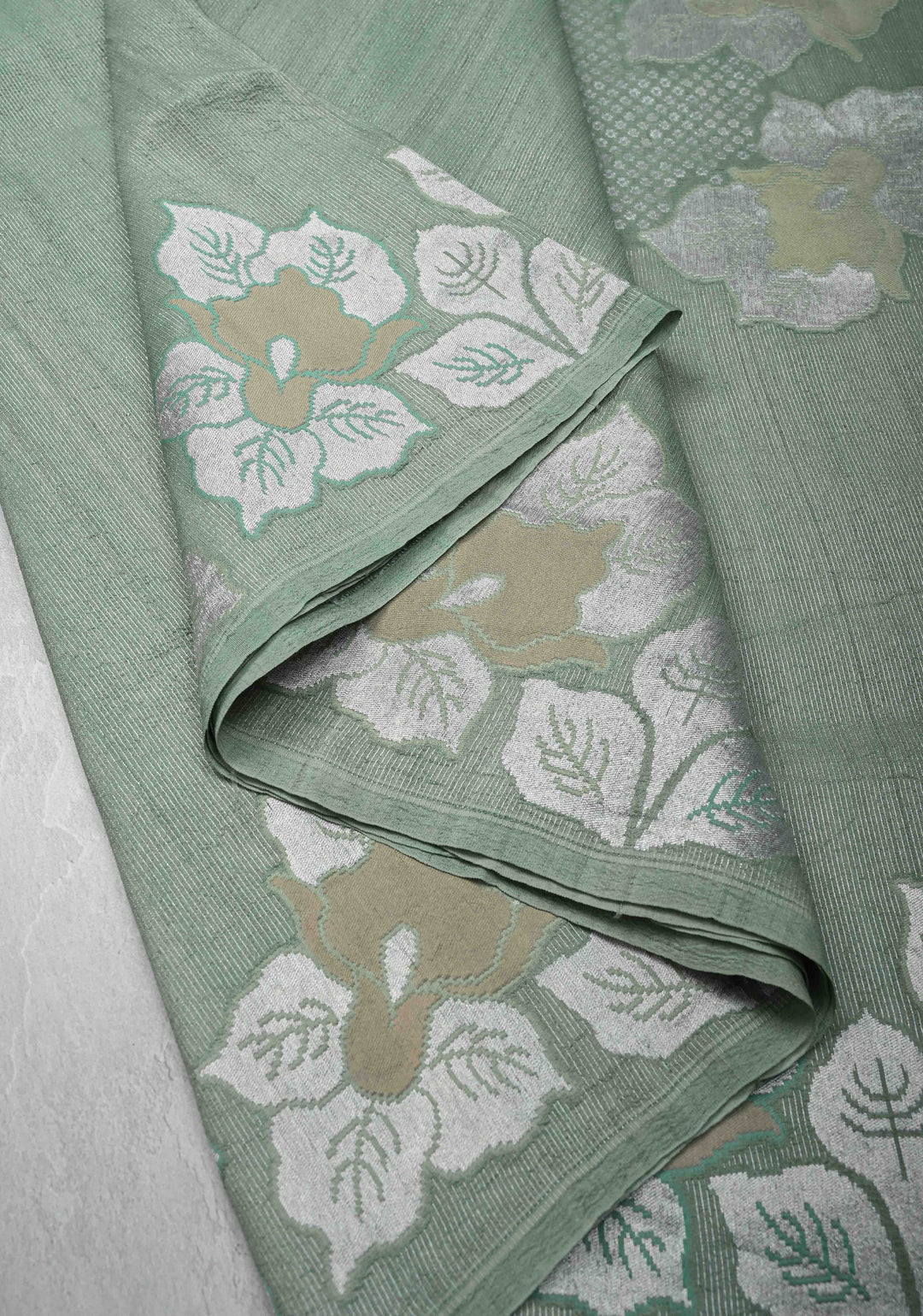 Exquisite Sage Green Banarasi Tussar Georgette Saree with Brush Dye Floral Buttas and Border | SILK MARK CERTIFIED
